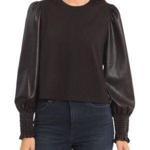 Bagatelle Elegant Black Women's Top with Faux Leather Sleeves